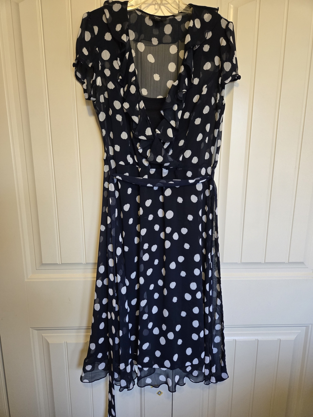 J.B.S. Navy and White Polka Dot Ruffle Midi Dress